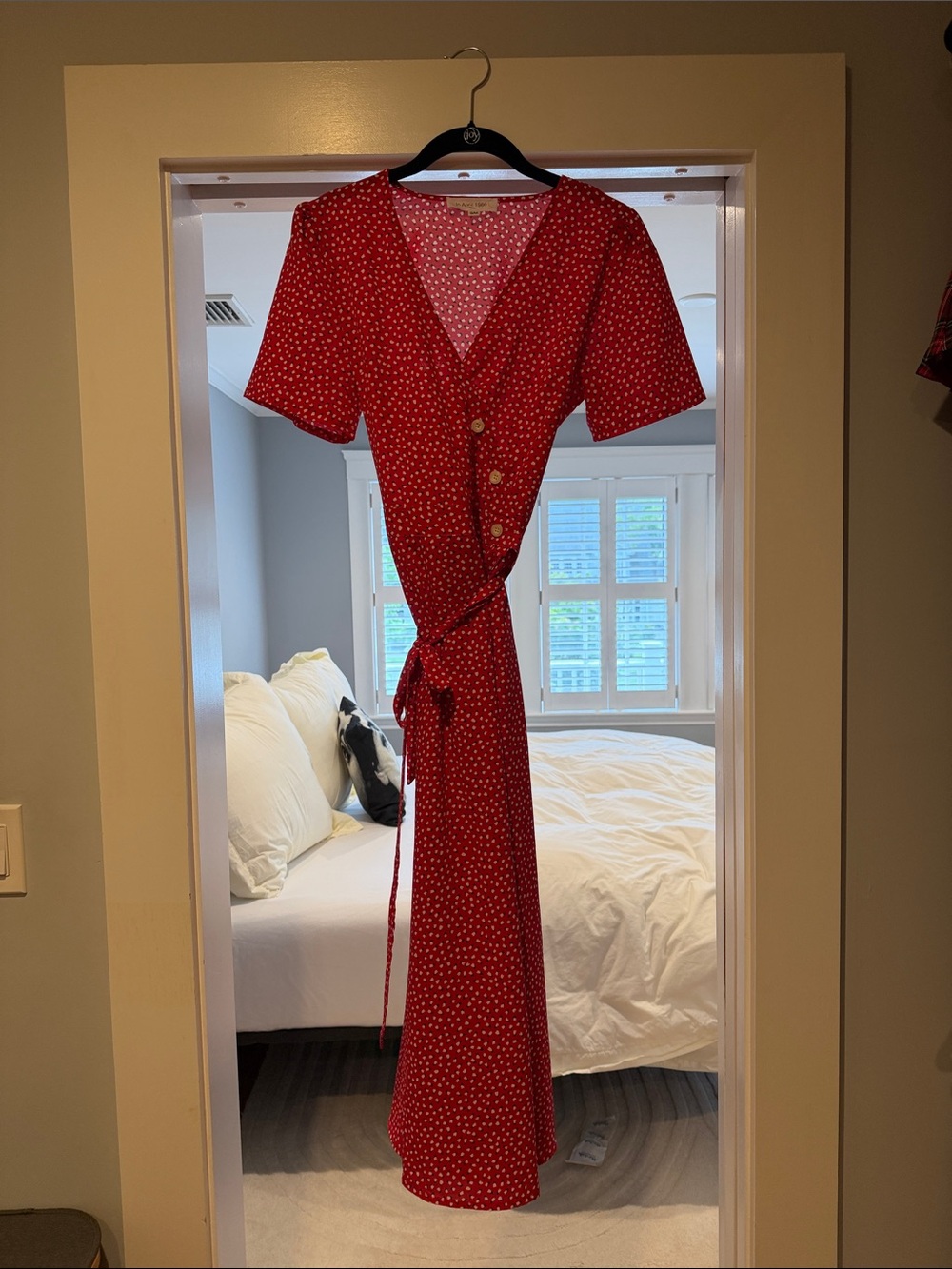 Red Polka Dot Midi Wrap Dress with Tie and Button Detail
